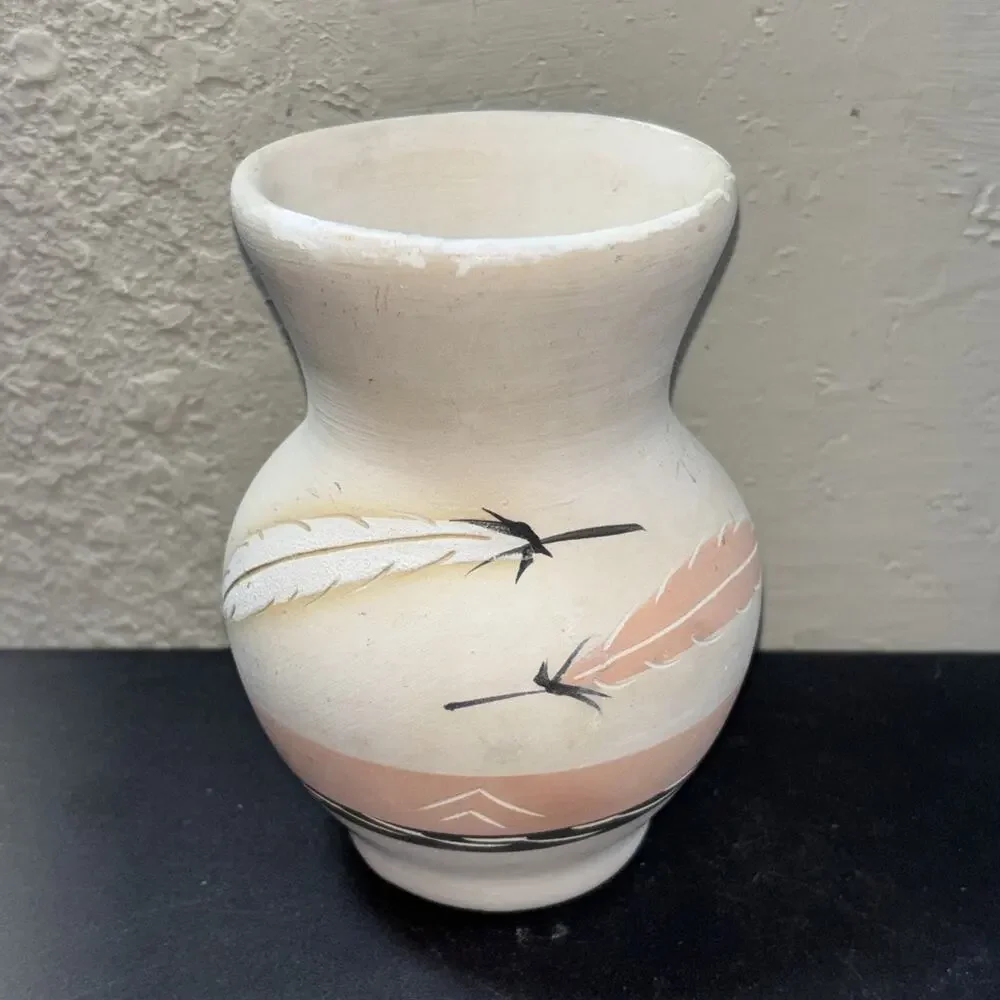 Rose Feathers Desert Pueblo Vase Painted Stoneware Pottery Signed 6